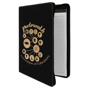 9 1/2" x 12" Black/Gold with Zipper Engraved Faux Leather Portfolio with Notepad