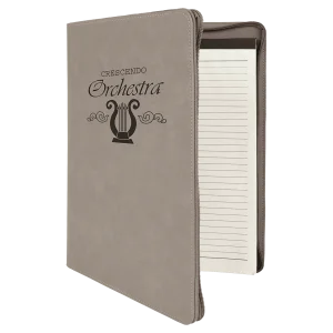 9 1/2" x 12" Gray with Zipper Engraved Faux Leather Portfolio with Notepad
