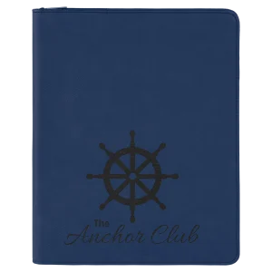 9 1/2" x 12" Blue/Black with Zipper Engraved Faux Leather Portfolio with Notepad