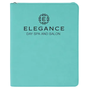 9 1/2" x 12" Teal with Zipper Engraved Faux Leather Portfolio with Notepad