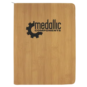 9 1/2" x 12" Bamboo with Zipper Engraved Faux Leather Portfolio with Notepad