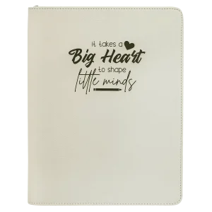 9 1/2" x 12" White with Zipper Engraved Faux Leather Portfolio with Notepad