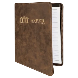 9 1/2" x 12" Rustic/Gold w/ Zipper Engraved Faux Leather Portfolio with Notepad