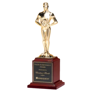 13 1/2" Cast Metal Goldtone Finish Classic Achiever Figure on a Rosewood Piano Finish Base with a Black Custom Engraved Plate