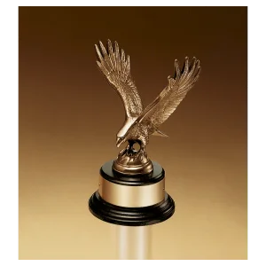 9" Fully Modeled Antique Bronze Eagle Casting on a Black Piano Finish Base with Gold Flex-Brass Plate