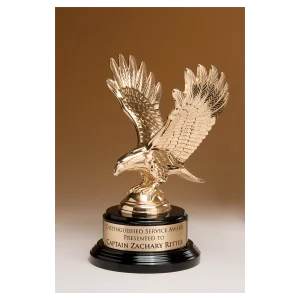 9" Fully Modeled Gold Finish Metal Eagle on a Black Piano Finish Base with a Gold Flex-Brass Plate
