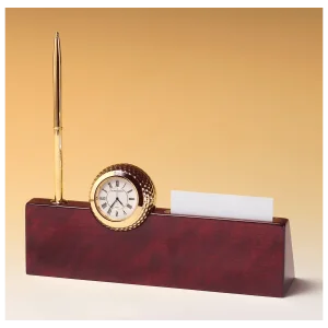 9" x 9" x 2 1/4" Gold Metal Golfball Clock on Rosewood Piano Nameplate, Business Card Holder, Pen