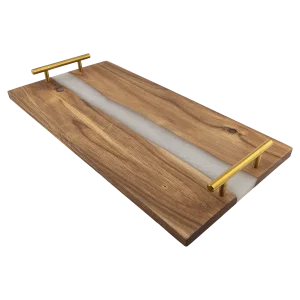 18" x 9" Acacia Serving Tray with White Pearl Resin and Gold Handles