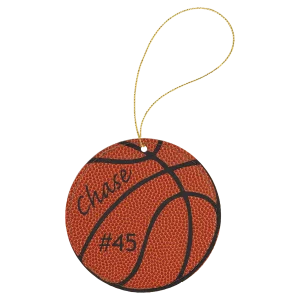 Basketball Engraved Faux Leather Round Ornament with Gold String