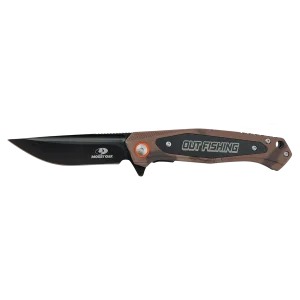 Bison River 4 1/2" Brown Camo Everyday Carry Knife with Custom Engraved Black Anodized Aluminum Plate-Official Mossy Oak Country Roots Camo Pattern