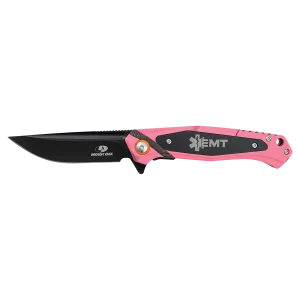 Bison River 4 1/2" Pink Camo Everyday Carry Knife with Custom Engraved Black Anodized Aluminum Plate- Official Mossy Oak Country Roots Pattern