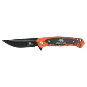 Bison River 4 1/2" Orange Camo Everyday Carry Knife with Custom Engraved Black Anodized Aluminum Plate- Official Mossy Oak Country Roots Camo Pattern