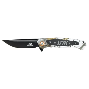 Bison River 4 1/2" White Camo Everyday Carry Knife with Custom Engraved Black Anodized Aluminum Plate- Official Mossy Oak Country Roots Pattern