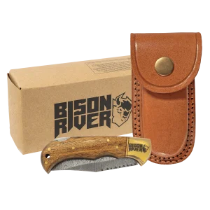 Bison River 3 3/4" Wood Folding Knife with Damascus Steel Blade and Leather Sheath
