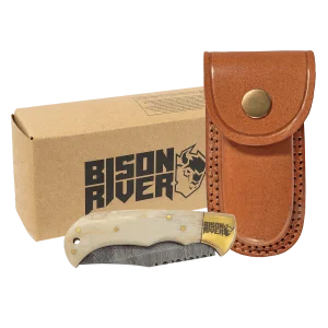 Bison River 3 3/4" Bone Folding Knife with Damascus Steel Blade and Leather Sheath