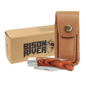 Bison River 4" Wood Folding Knife with Leather Sheath