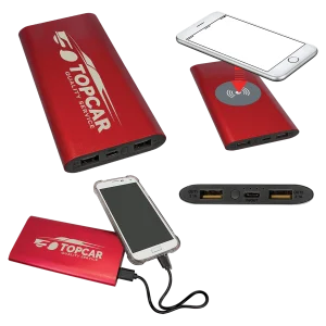 Red 8000MAH Power Bank & Wireless Anodized Aluminum Charger with USB-C Cord