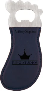 Blue/Back Engraved Faux Leather Foot Shaped Bottle Opener with Magnet