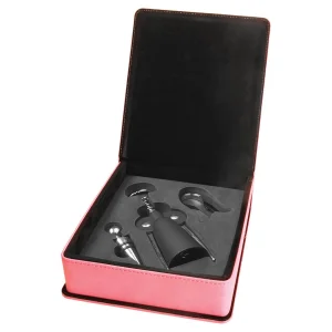 Pink Engraved Faux Leather 3-Piece Wine Tool Gift Set