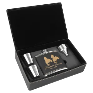 6 oz. Black/Gold Engraved Faux Leather Flask Gift Set