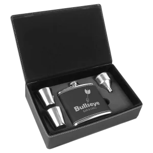6 oz. Black/Silver Engraved Faux Leather Flask Gift Set