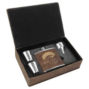 6 oz. Rustic/Gold Engraved Faux Leather Flask Gift Set