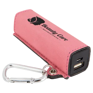Pink Engraved Faux Leather 2200 mAh Power Bank with USB Cord