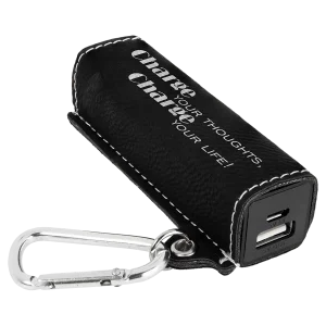 Black/Silver Engraved Faux Leather 2200 mAh Power Bank with USB Cord