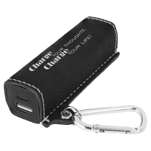 Black/Silver Engraved Faux Leather 2200 mAh Power Bank with USB-C Cord