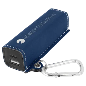 Blue/Silver Engraved Faux Leather 2200 mAh Power Bank with USB-C Cord