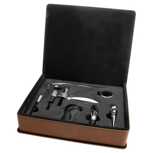 Dark Brown Engraved Faux Leather 5-Piece Wine Tool Gift Set
