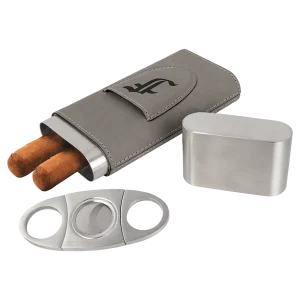 Gray Engraved Faux Leather Cigar Case with Cutter
