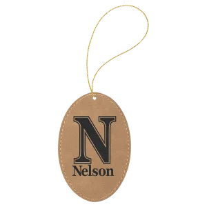Light Brown Engraved Faux Leather Oval Ornament with Gold String