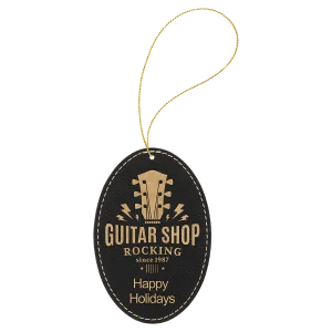 Black/Gold Engraved Faux Leather Oval Ornament with Gold String