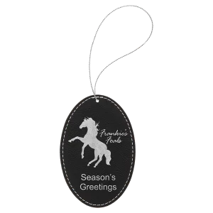 Black/Silver Engraved Faux Leather Oval Ornament with Silver String