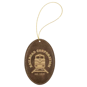 Rustic/Gold Engraved Faux Leather Oval Ornament with Gold String