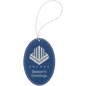 Blue/Silver Engraved Faux Leather Oval Ornament with Silver String