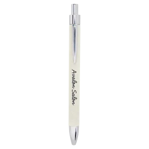 White Engraved Faux Leather Pen