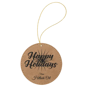 Light Brown Engraved Faux Leather Round Ornament with Gold String