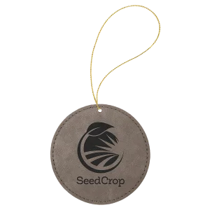 Gray Engraved Faux Leather Round Ornament with Gold String
