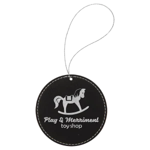 Black/Silver Engraved Faux Leather Round Ornament with Silver String