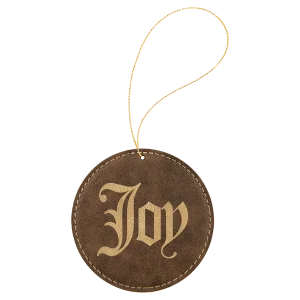 Rustic/Gold Engraved Faux Leather Round Ornament with Gold String