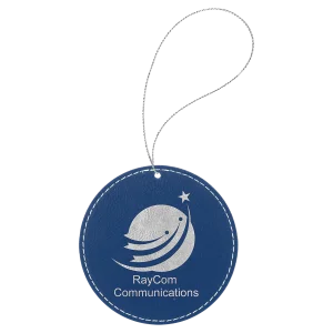 Blue/Silver Engraved Faux Leather Round Ornament with Silver String