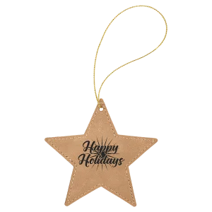 Light Brown Engraved Faux Leather Star Ornament with Gold String