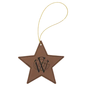Dark Brown Engraved Faux Leather Star Ornament with Gold String