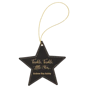 Black/Gold Engraved Faux Leather Star Ornament with Gold String