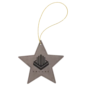Gray Engraved Faux Leather Star Ornament with Gold String