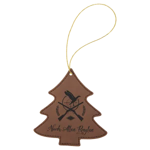 Dark Brown Engraved Faux Leather Tree Ornament with Gold String