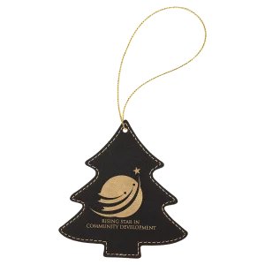 Black/Gold Engraved Faux Leather Tree Ornament with Gold String