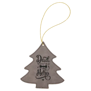 Gray Engraved Faux Leather Tree Ornament with Gold String